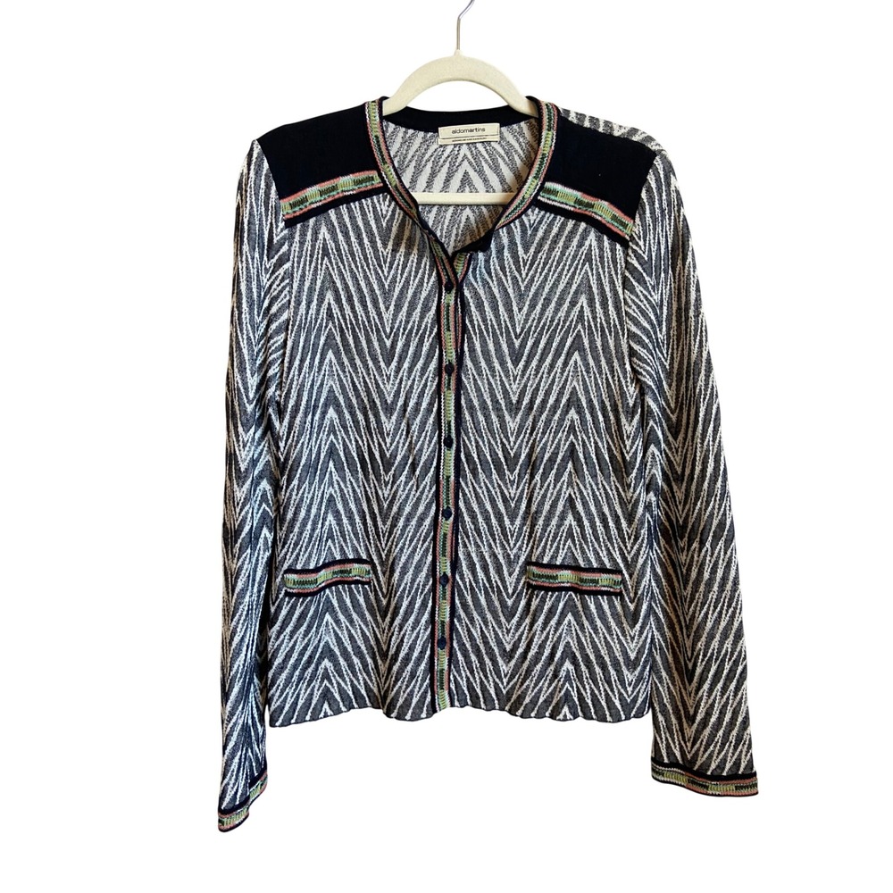 Aldo Martins Black White Chevron Zigzag Knit Button Cardigan Sweater Spain Sz 12
